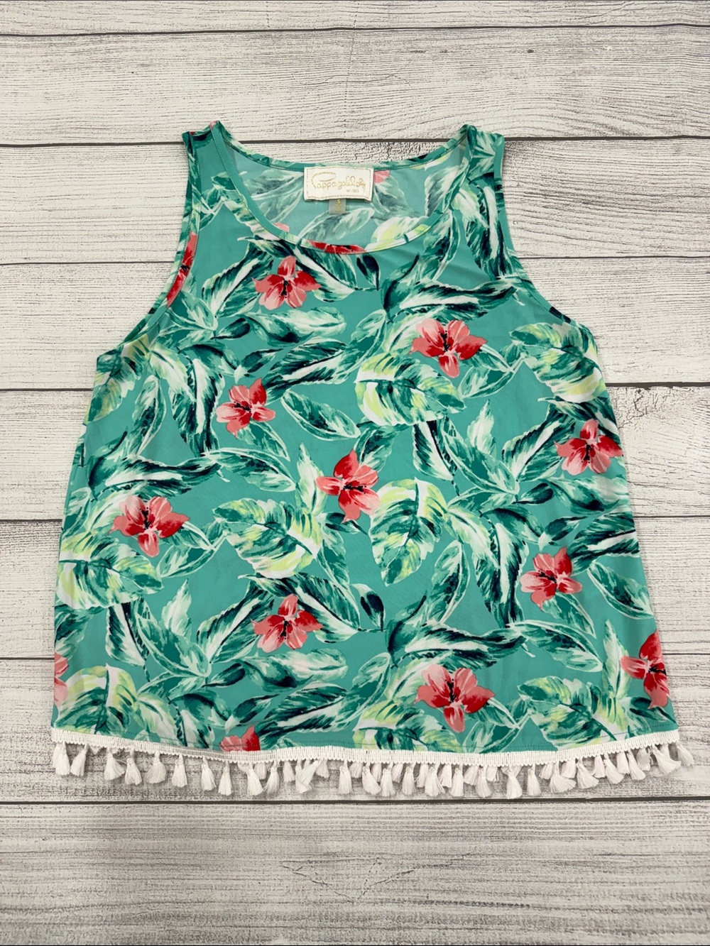 Pappagallo Aqua Tropical Floral Tassel Tank Top Size Small
